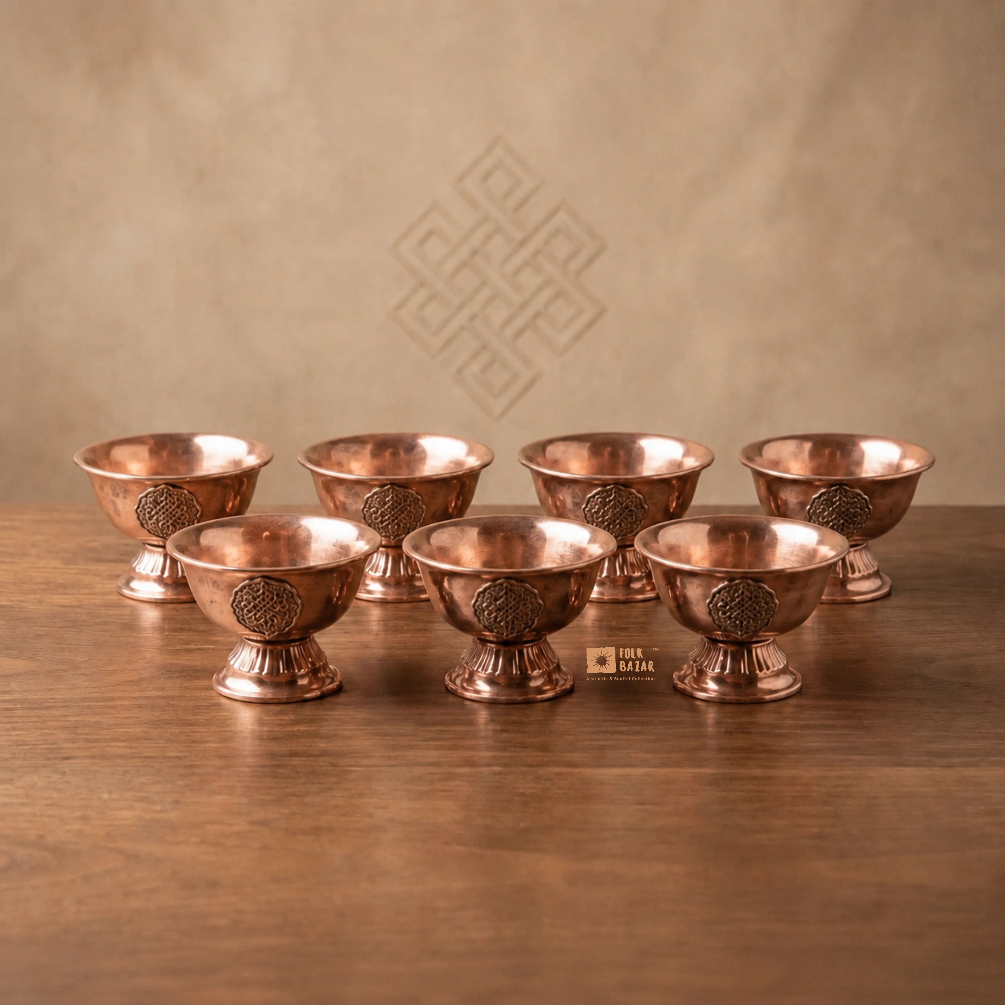 Carved Copper Ting (Offering bowl) with Base (Set of 7)